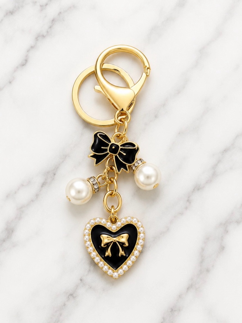 Bag Charm/Keyring-Black Enamel Heart White Jewels & Pearl Accents-Gold Hardware